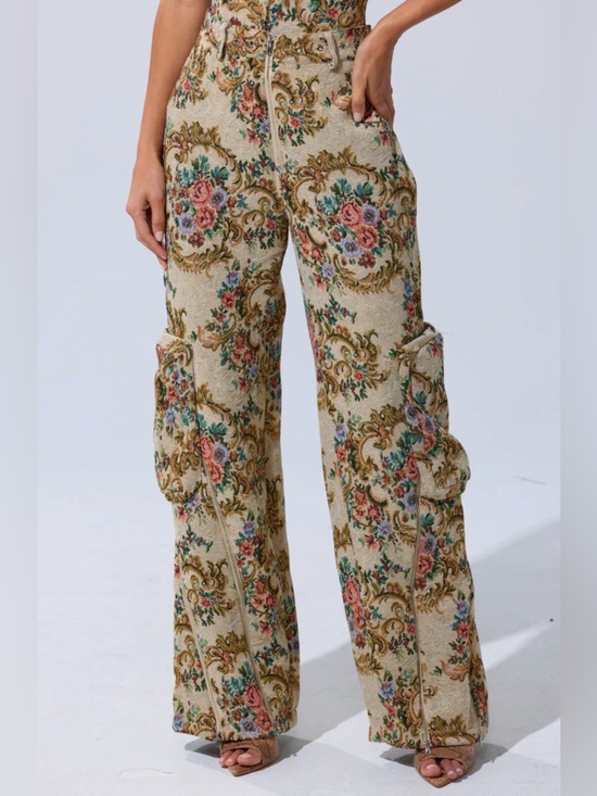AKIRA Pants - AKIRA Floral Tapestry Cargo Pants - Beige Floral